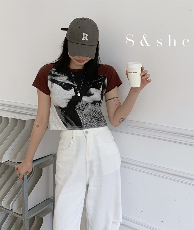 New in early summer! [S & she] modern spice girl style portrait printed short sleeve T-shirt 1154a# XJ