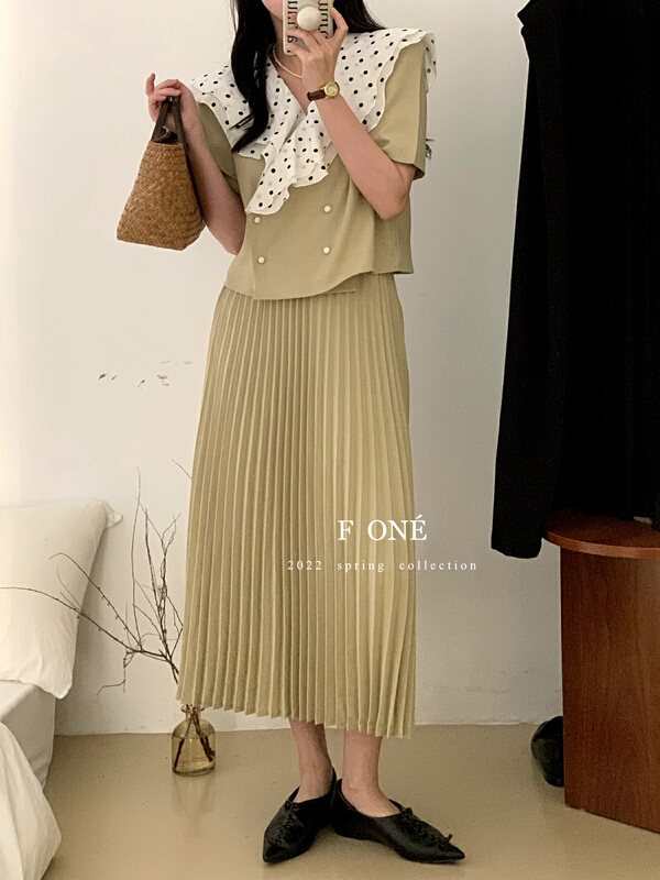 [f one] temperament wave point large lapel splicing shirt + pleated skirt suit 66106# WPL