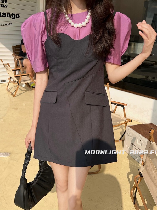 [moonlight] Solid Color Bubble Sleeve Blouse + waist closing suspender skirt two piece suit ys1-0424# cqw