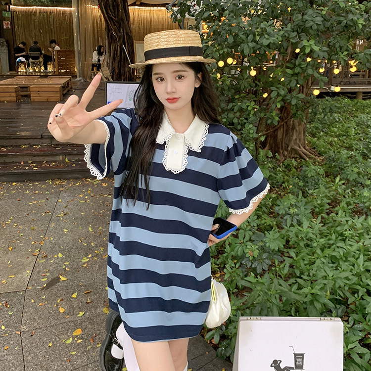 AA [Xiaofan family] Korean fashion Polo lace collar stripe dress 8227# LSW