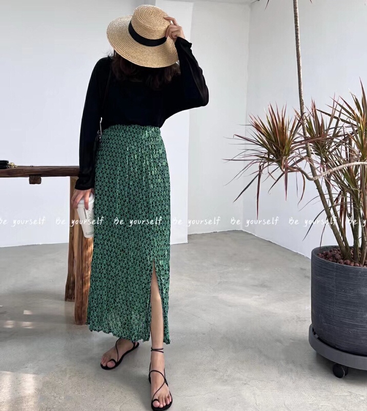 New in early summer! [be your self] Korean Retro Green Flower pleated slit skirt q66150# LSL
