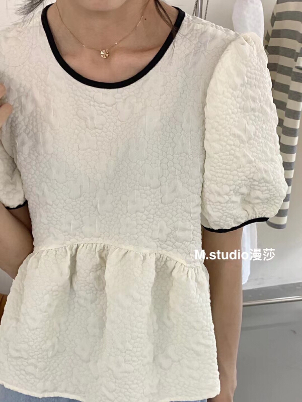 [MSTUDIO MANSA] Korean style color blocking bubble sleeve embossed shirt t012# ll