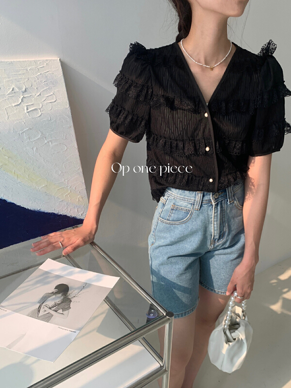 [OP one piece] Korean version sweet lace border blouse 60101# hjy
