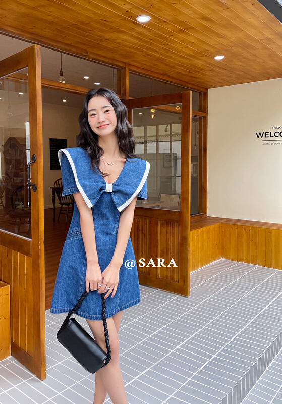 現貨!【SARA】牛仔蝴蝶結收腰連衣裙  16905#  LWY