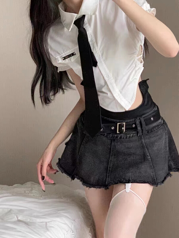 [HH] Korean Short bubble sleeve shirt + high waist versatile skirt suit (with tie and belt) 8303# LSL
