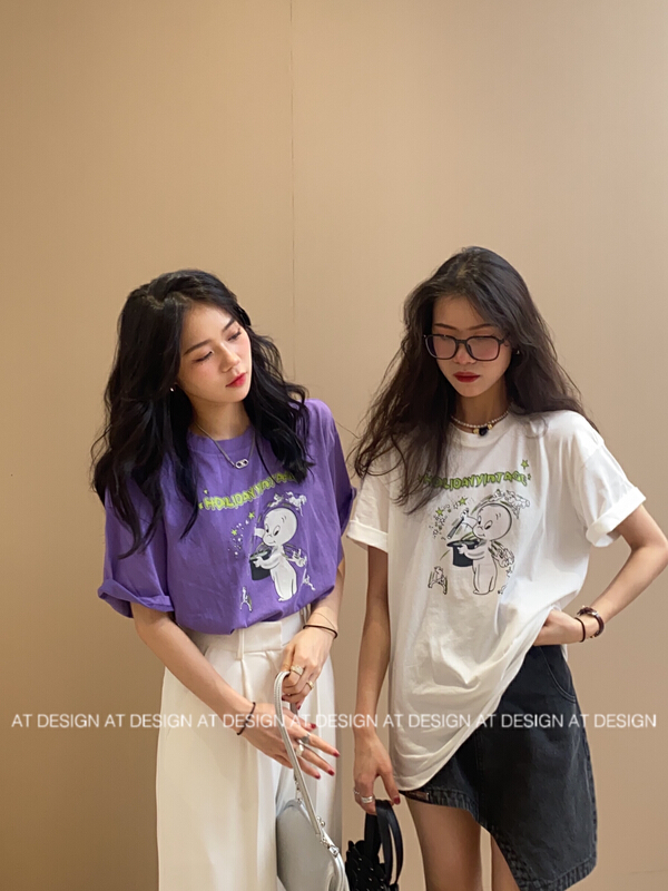 [at] Korean casual elf print comfortable short sleeve T-shirt 57011# LSL