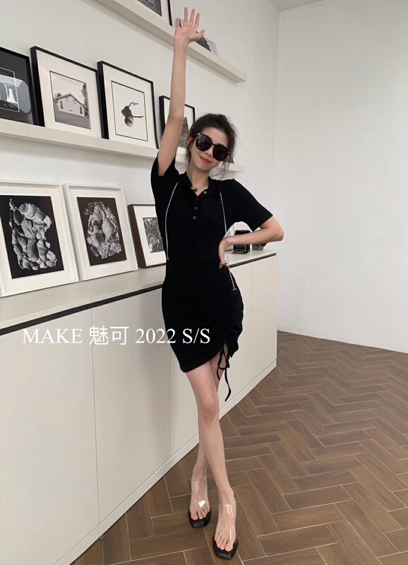 [make Meike] niche design short hooded side drawstring dress 8788# XJ