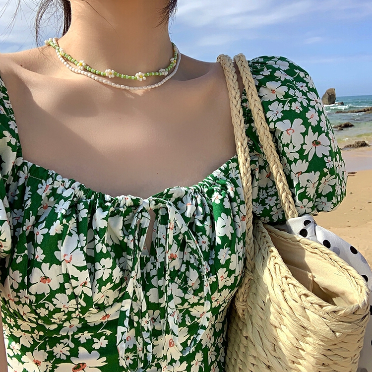 [inside] Korean fashion pearl crystal acrylic double-layer design flower clavicle short necklace x1973# zxl