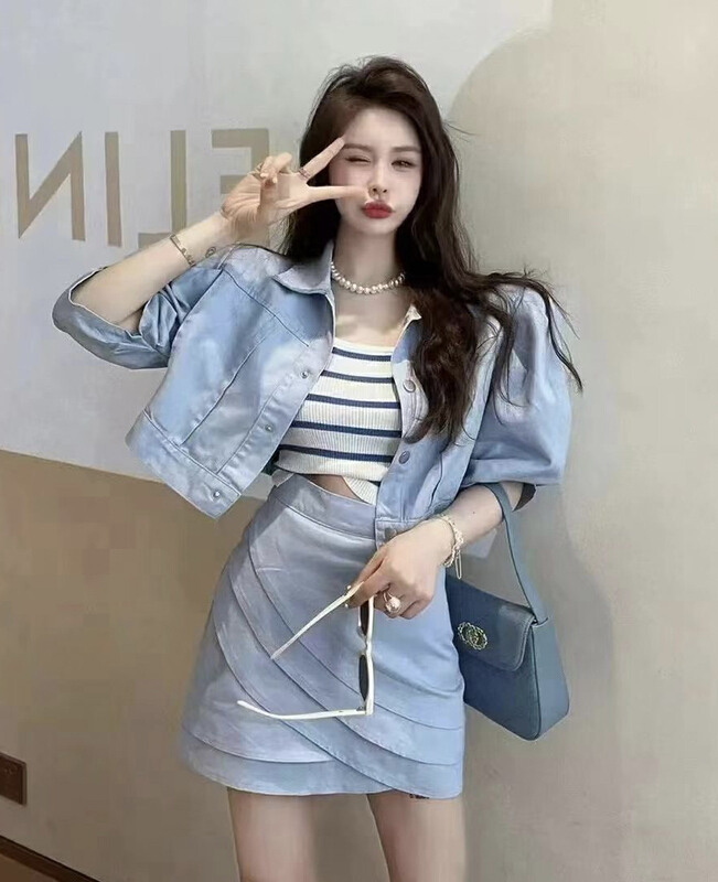 [JH] Lantern Sleeve washing shirt + high waist shirt skirt suit 41763# PCZ