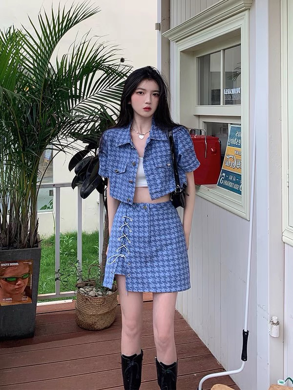New year in early spring! [jun.t] fashion denim jacket +a-line skirt sweet cool Spice Girl thousand bird lattice two-piece suit 5663\pcz