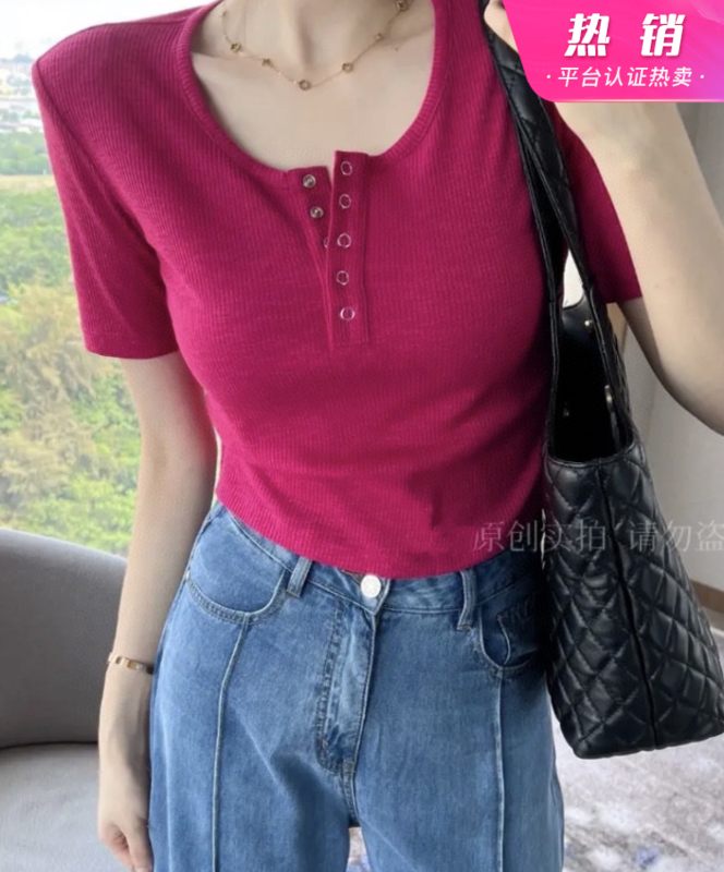 [wgwe] versatile temperament design sense of buckle thin short sleeve T-shirt 1763# PCZ