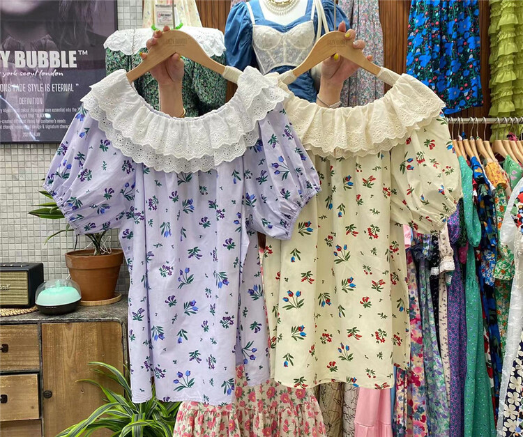 [suzybubble] French Ruffle collar printed short sleeve shirt 60056# WPL