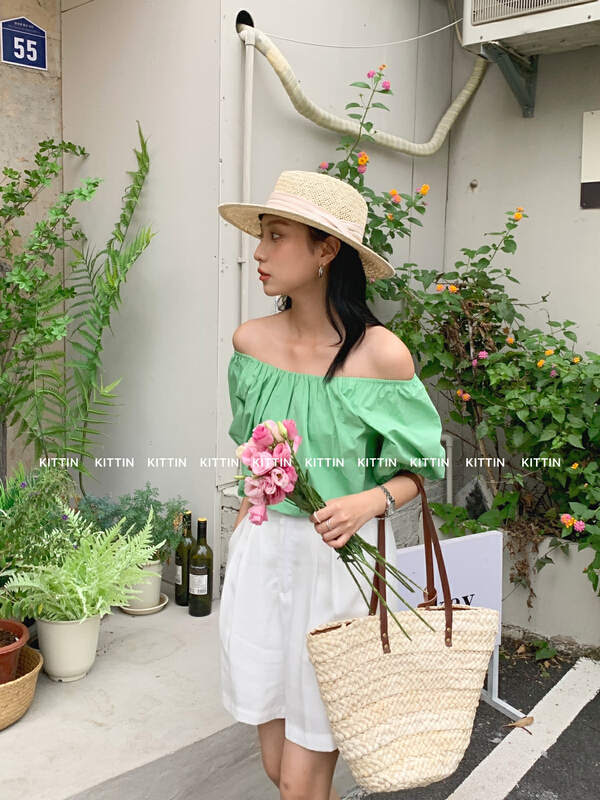 [Kittin] Korean aging Solid Color Bubble Sleeve Shirt 8525# XYY
