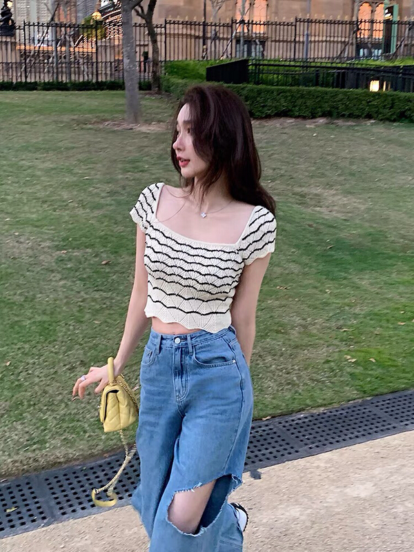 [Danling] striped square neck Pullover Sweater 1058# PCZ