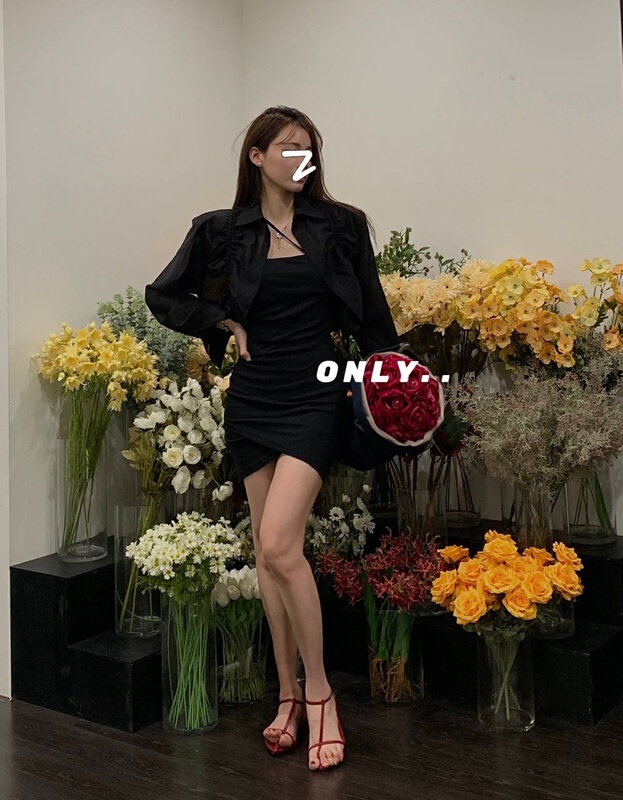 [only] irregular sling Pleated Dress + drawstring design short sunscreen shirt set 8317# JJ