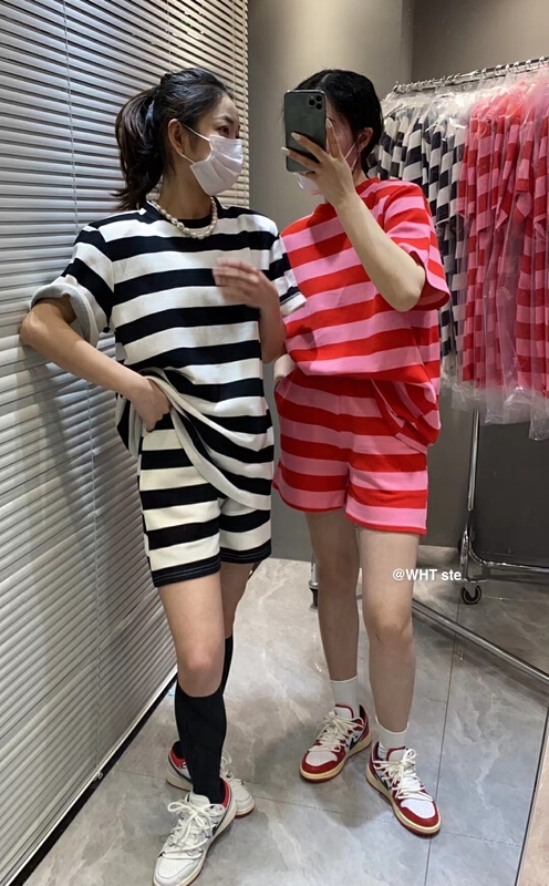 New in early summer! [wht] Korean striped short sleeved T-shirt + casual versatile Shorts Set 4008# WTT
