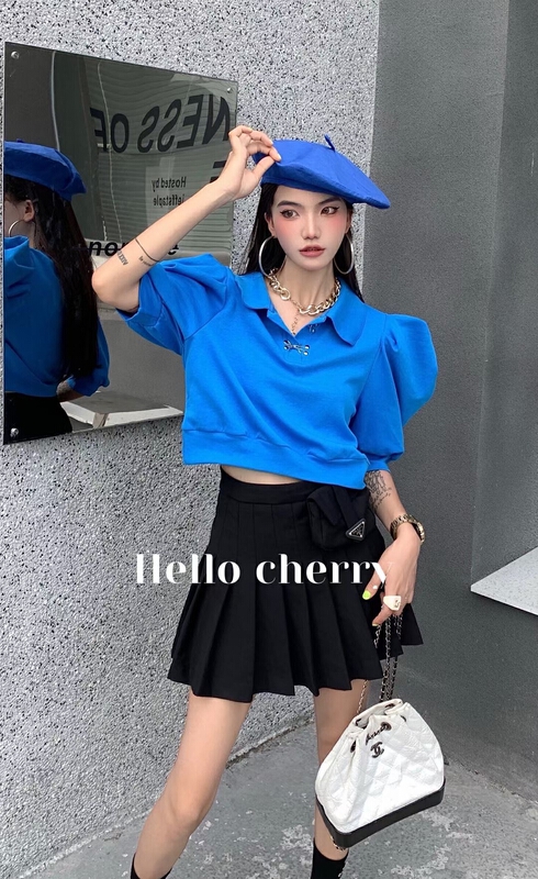 New in early summer! [Hello cherry] bubble sleeve polo neck short shirt ff133# WTT
