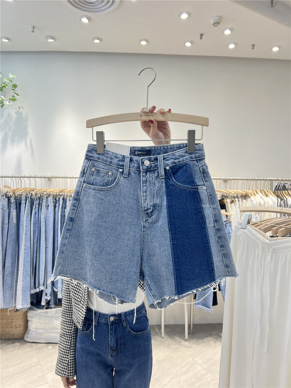 New year in early spring! [iris iriisy] color blocking personalized thin and foreign style denim shorts 6170-1# LSL