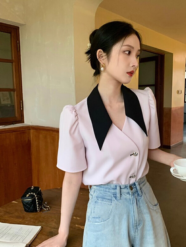 [savage] collar bubble sleeve splicing shell button short sleeve shirt e8266# WPL