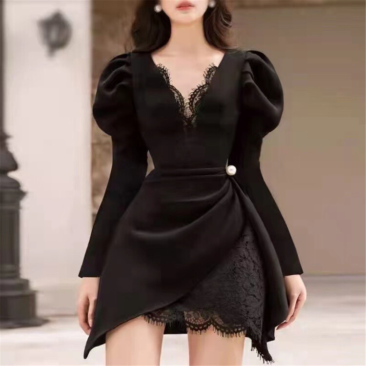 New year in early spring! [see you] Korean style bubble sleeve waist lace dress 8572# PCZ