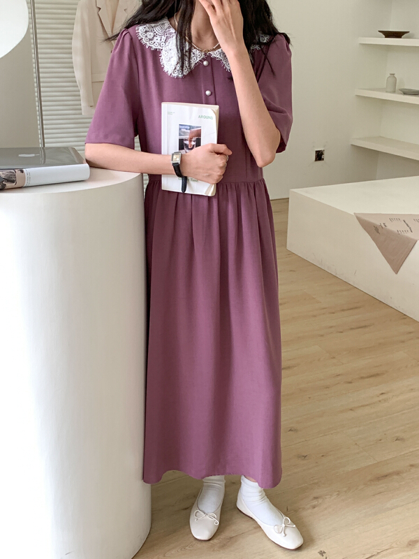 Stock! In early summer! [Tn] Korean version Baby Neck Lace up thin medium length sweet dress l8256\cqw