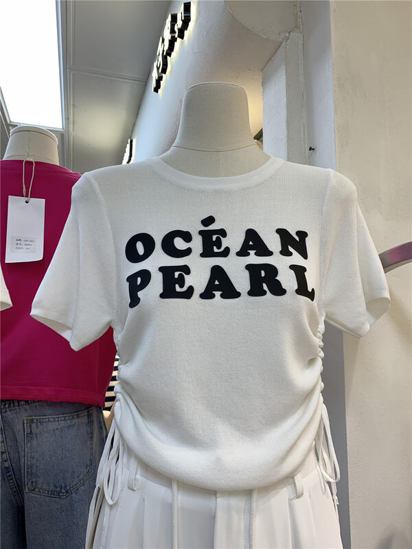 [jeans] drawcord design letter short sleeve T-shirt e162# PCZ