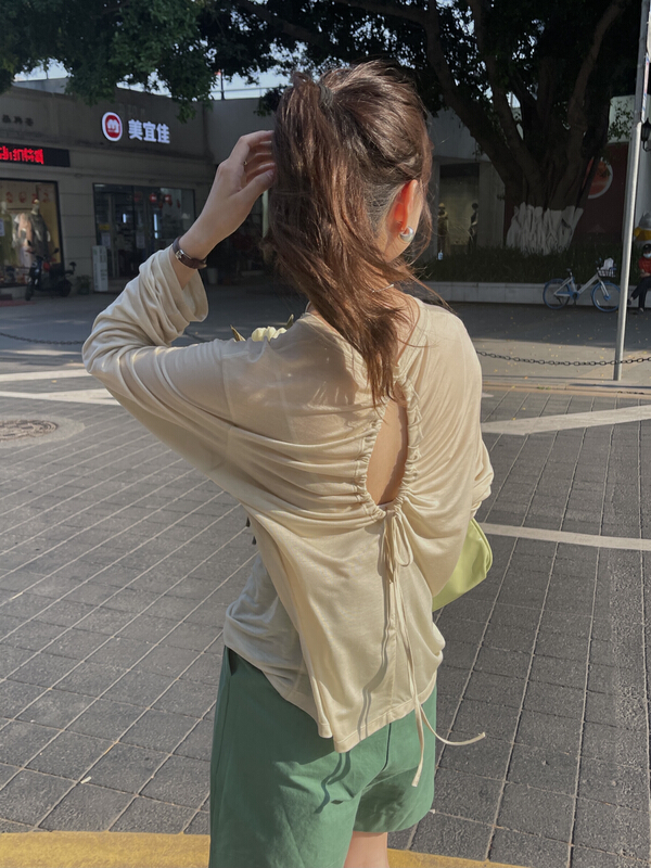 New in early summer! [on line] Tencel backless hollow out design comfortable long sleeve T-shirt 86561# lwy