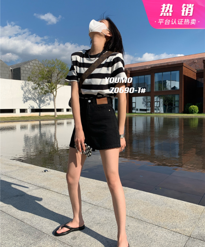Summer new! [suxinlan] label Korean design denim shorts 70690 blue 70690-1 black # LSL