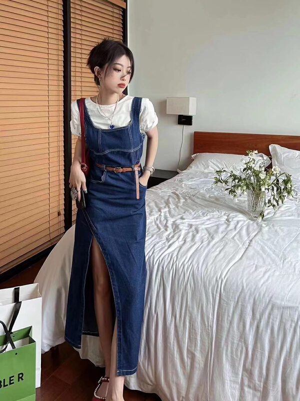 [HH] simple short sleeved T-shirt + loose fashion suspender skirt set (with belt) 8287# LSL