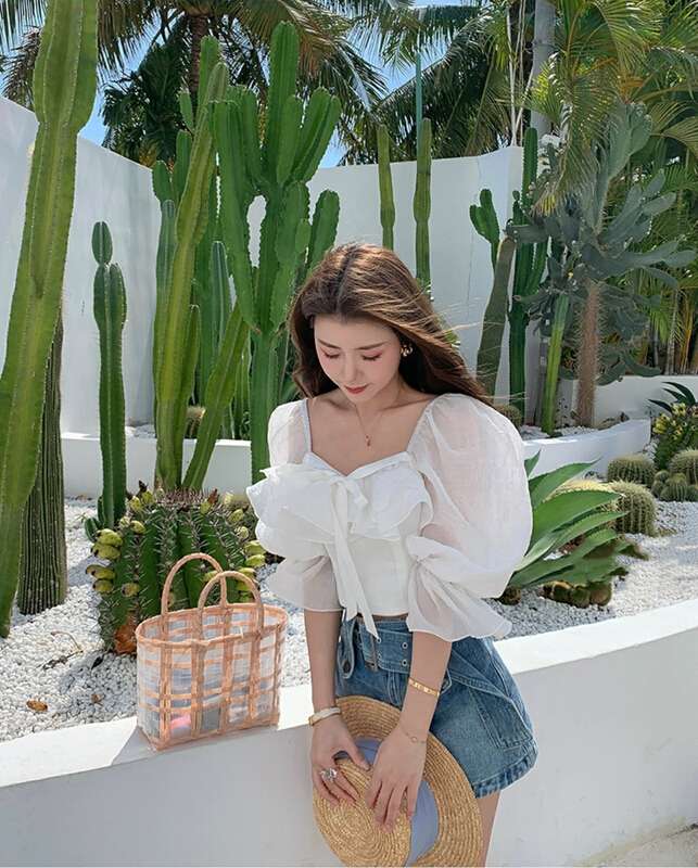 New in early summer! [X.C] square neck Ruffle bubble sleeve blouse 268# WPL