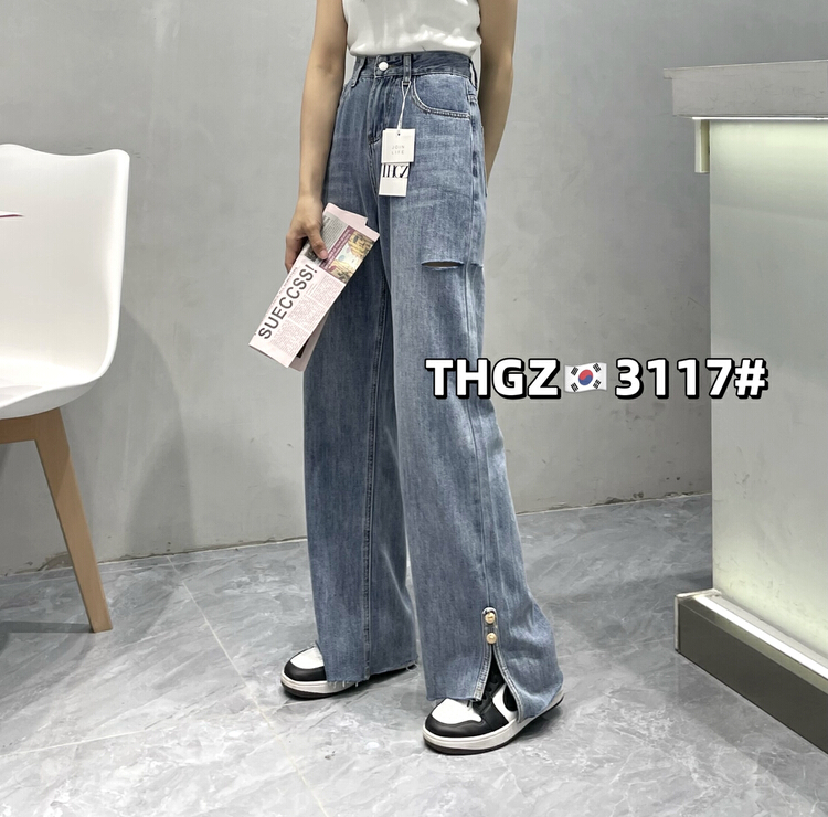 New in early summer! [- 5kg] cut high-grade color split small gold buckle wide leg jeans 3117# ll