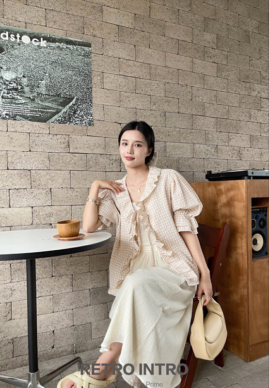 New in early summer! [Rin] Korean lady Plaid fungus lace lace up shirt r21070# cqw