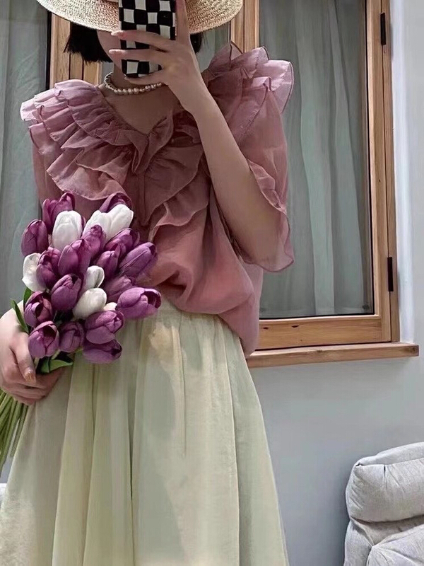 [millet +] design sense V-neck Ruffle edge Tiansi foreign style blouse 1069# WPL