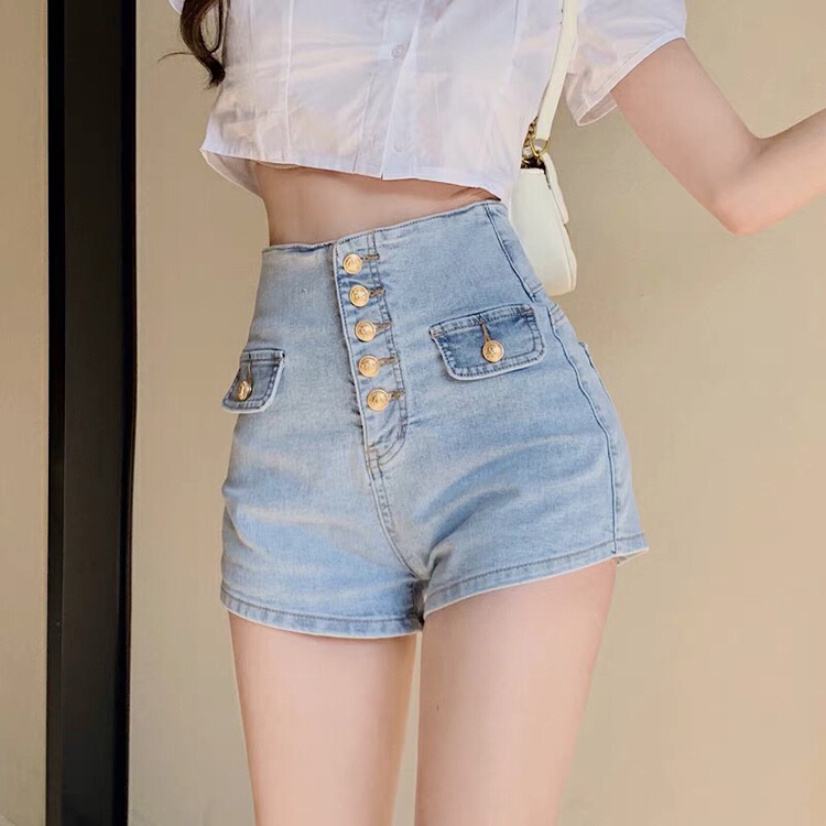 New in early summer! [thousand degrees] high waist heavy industry metal breasted personalized denim shorts 9211# Cl