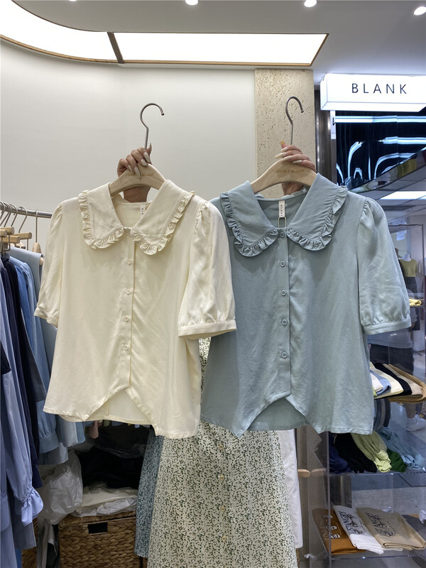 New in early summer! [blank] lady doll collar single breasted short sleeved shirt 522215-1# WPL