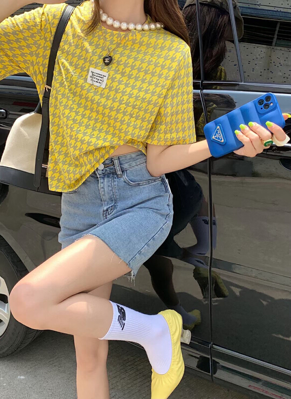 [wlady] thousand bird grid embossed fashion short sleeve T-shirt a335# WTT