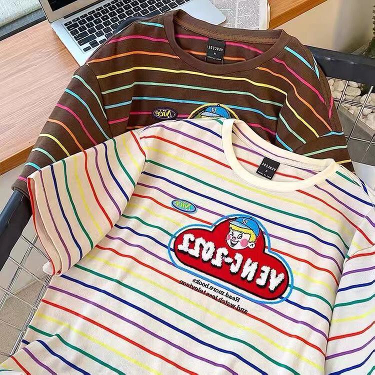 [venue] simple Japanese stripe versatile short sleeve T-shirt xd395# CSX