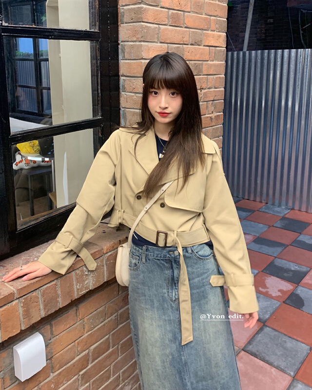 goods in stock! New year in early spring! [Yiwan y.von] Korean simple windbreaker short coat (with belt and cuff) 9856# XJ