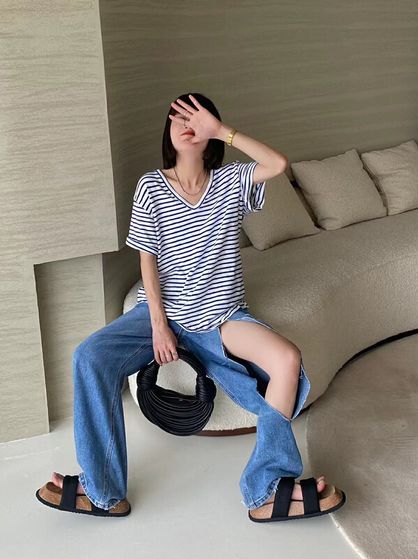 [Yuanxi] versatile stripe V-neck short sleeve T-shirt 819# LSL