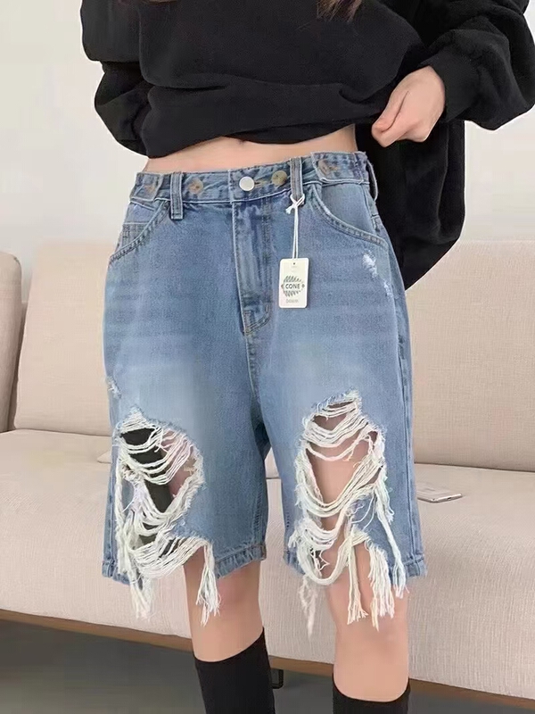 [x2 Fansi feather] high waist, holes, loose five point denim shorts 6093# WTT