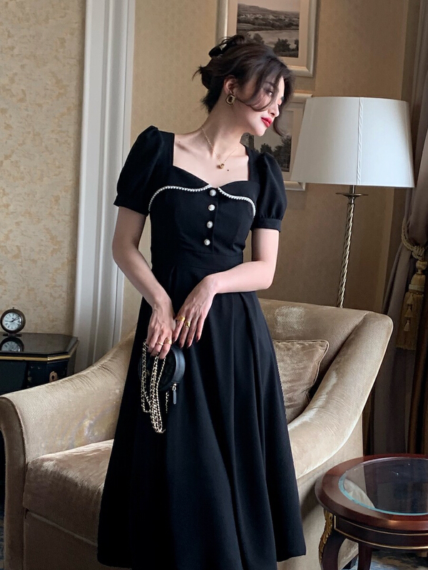 goods in stock! New in early summer! [savage] French retro style square neck with slim waist stitched pearl Chiffon Dress e6901# WPL