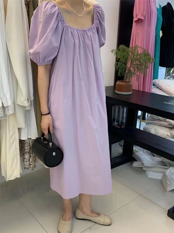 New in early summer! [hi] Korean version square neck simple solid color dress 5190# hjy
