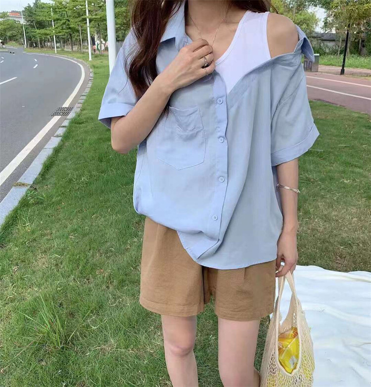 [Lina] Korean stitching off shoulder shirt 8977# zxx