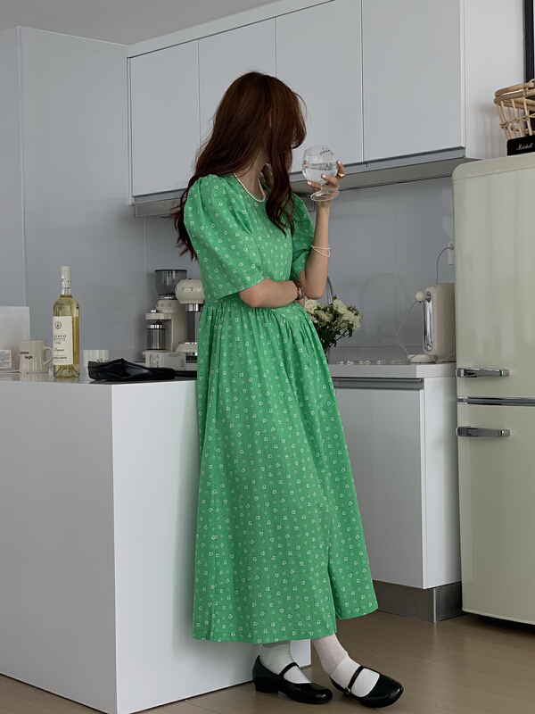 [on line] court style French romantic waist closing print dress a36765# lwy