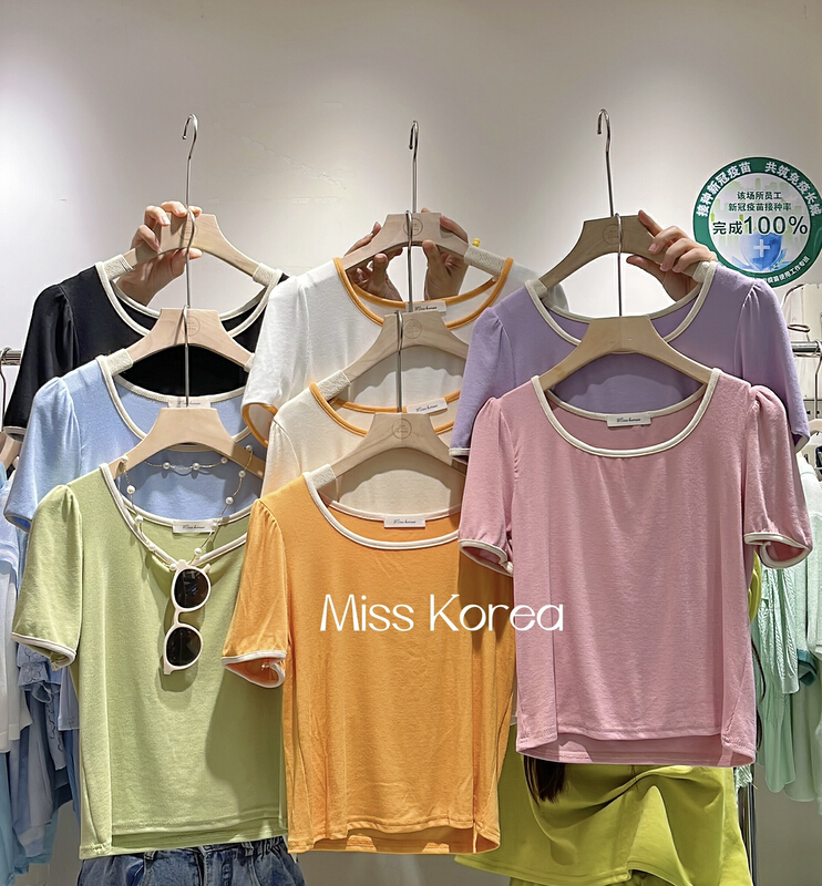 [Miss Korea] crew neck versatile contrast short sleeve T-shirt 6651# HBx