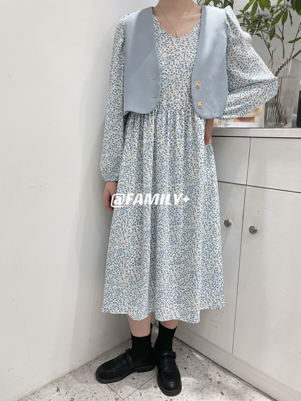 [family +] Korean V-neck Floral Dress + short versatile vest suit 22303# ozq