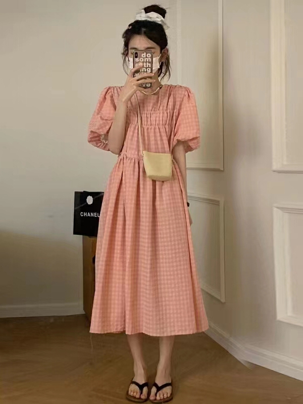 [baby] bubble sleeve pleated Plaid Dress 8620# WTT