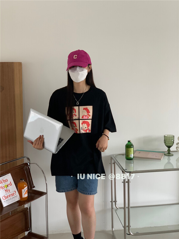 [IU nice] loose round neck print comfortable short sleeve T-shirt 8818# ll