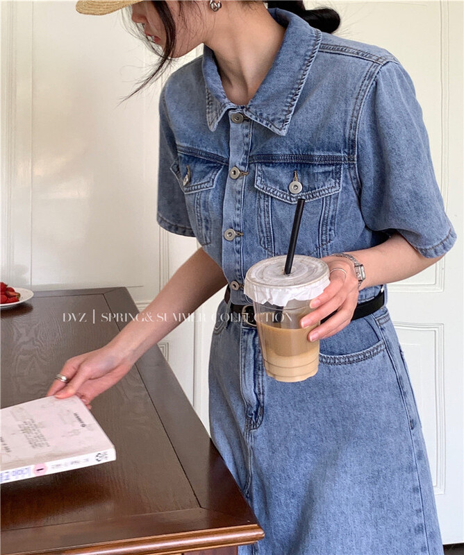[dvz] Korean waist closing Denim Short Sleeve Dress 8529# zxx