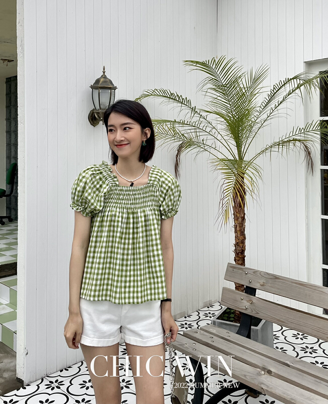 [chic win] Korean fashion Plaid bubble sleeve blouse 1021# CSX